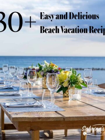Beach and ocean with table set for 8 people and the title of the post at the top - square image