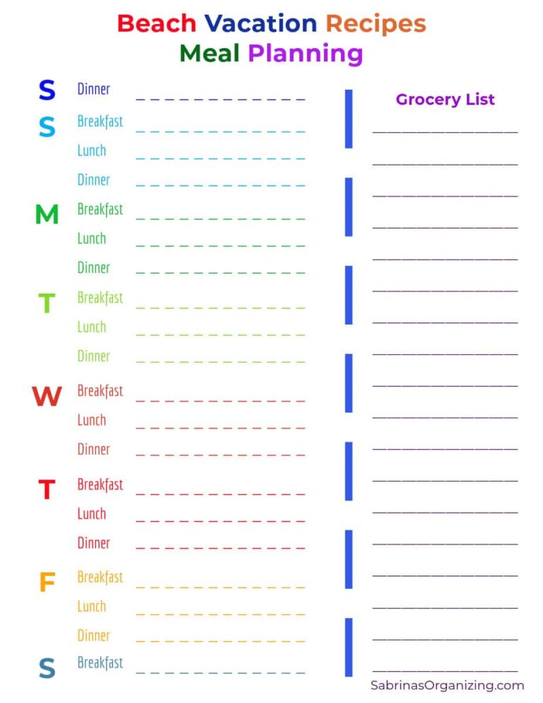 Checklist printable with Sunday through Saturday on it for beach vacation meal planning.