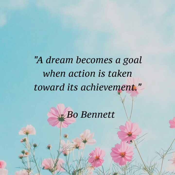 this quote in the center and pink flowers at the bottom and blue background on a square image