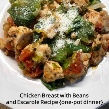 finished recipe on a white plate with title at the bottom