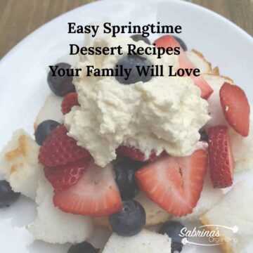 sponge cake with strawers and dairy free wipe cream with title of this post at the top center square image
