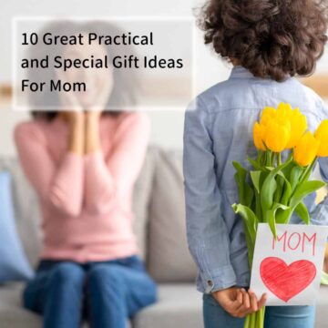 Mom and little boy giving her a present with title at the top left corner.