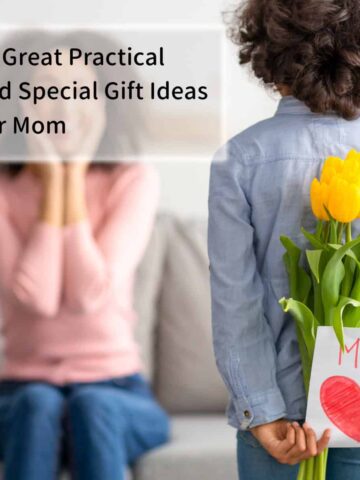 Mom and little boy giving her a present with title at the top left corner.