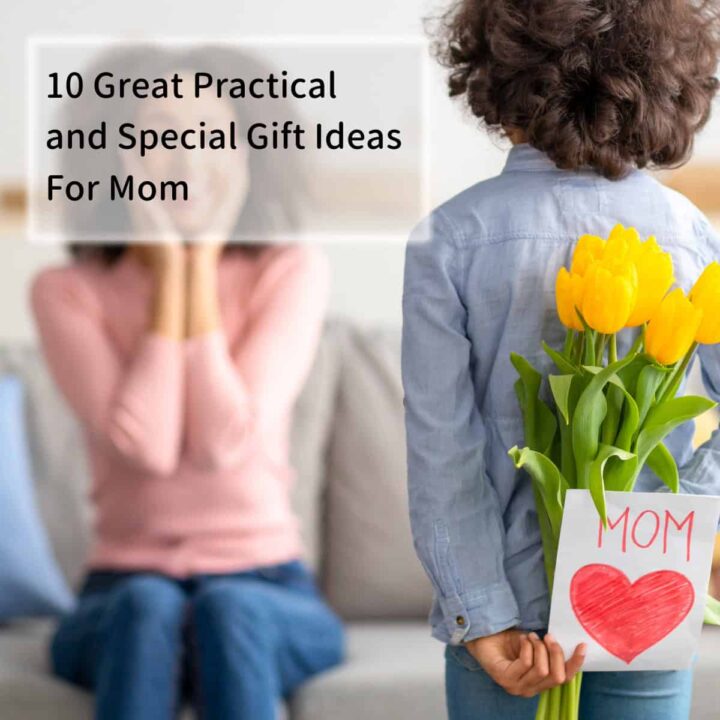 Mom and little boy giving her a present with title at the top left corner.