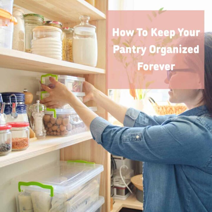 a person putting containers in a pantry shelf and the title at the top right corner of square image