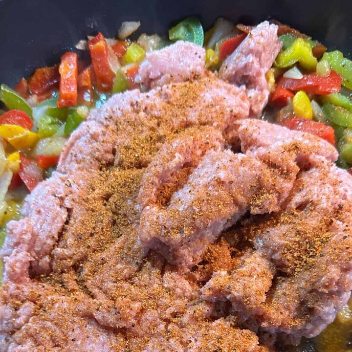raw ground turkey in skillet