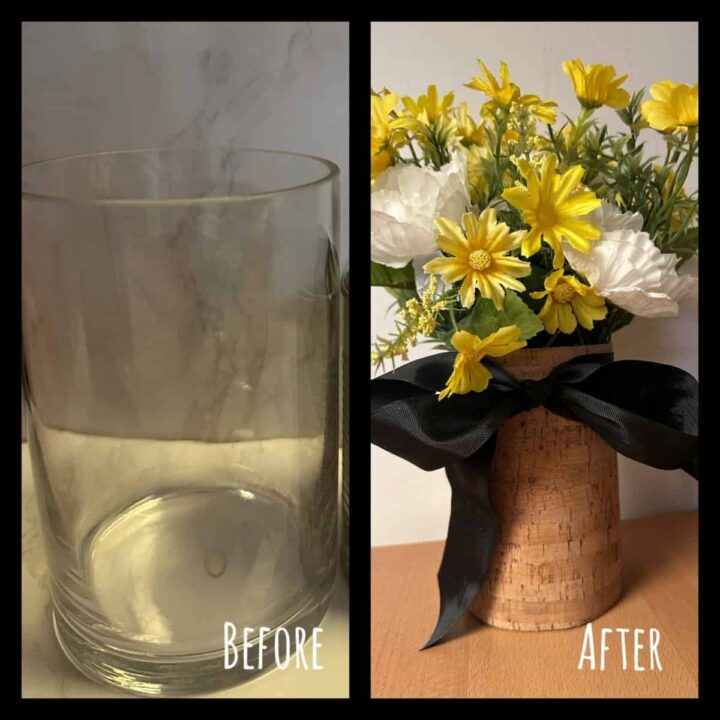 before and after image - square image with the words before and after of vase and diy upcycling vase image