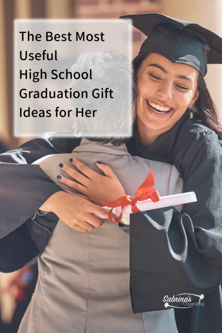 a female graduate with cap and gown hugging a loved with with the title of the post at the top left of pinterest sized image