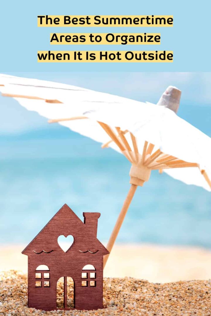 a house on the beach with an umbrella and the title of the post in the center - Pinterest size image