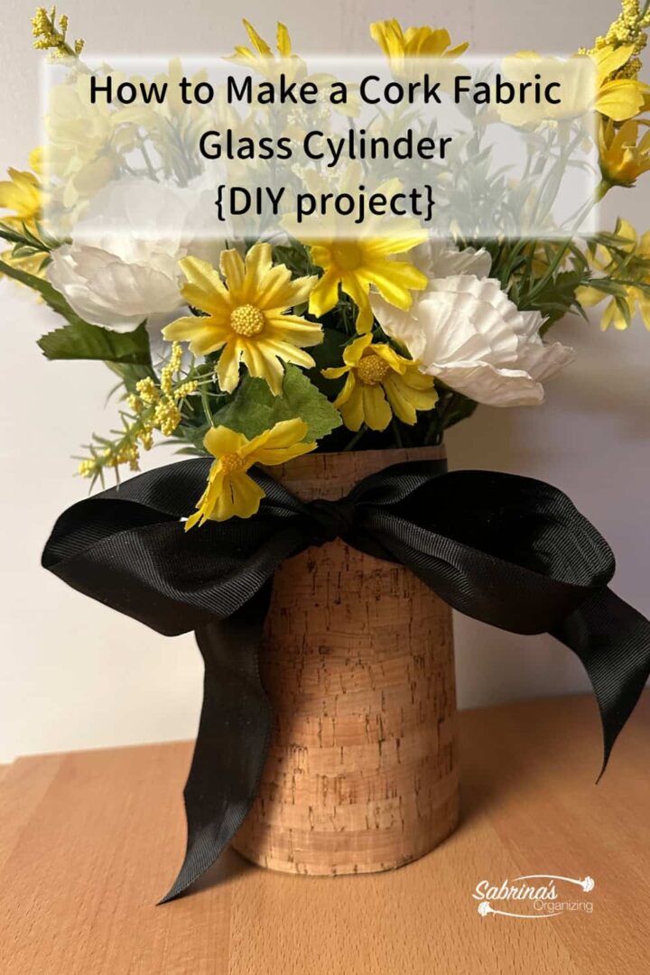 after photo with cork fabric, ribbon, silk yellow flower and title at the top left of image pinterest size