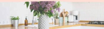 square image - small kitchen image with a penicula and wooden countertop - title of the post is at the top center with a large 20 on the left side.