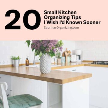 square image - small kitchen image with a penicula and wooden countertop - title of the post is at the top center with a large 20 on the left side.