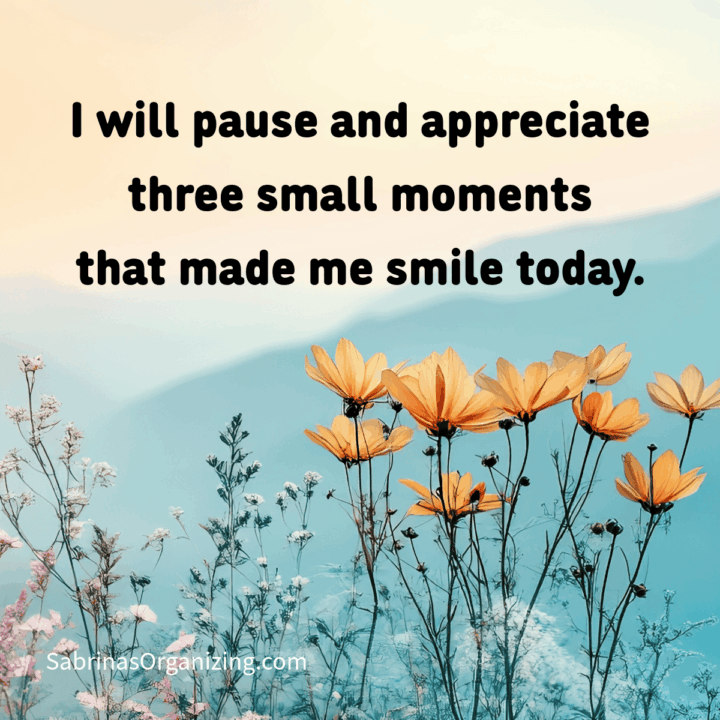 flower background with affirmation on it. I will pause and appreciate three small moments that made me smile today in the center. Square image