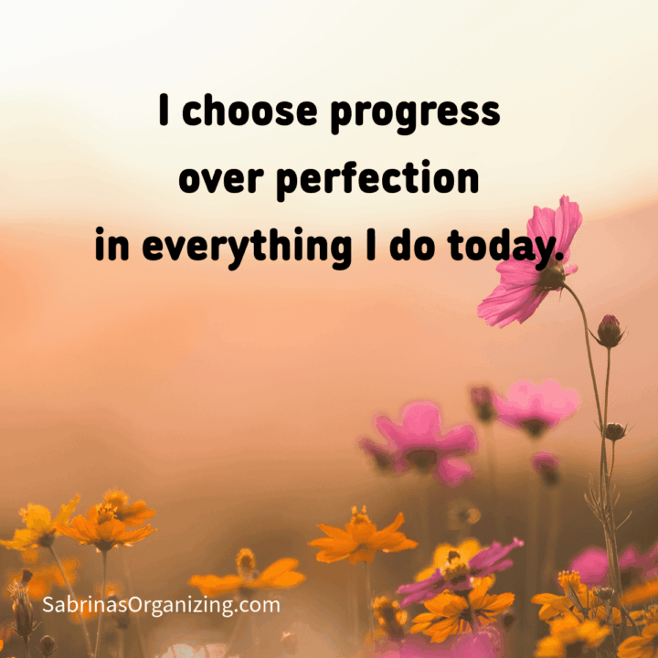 flower background with affirmation on it. I choose progress over perfection in everything I do today. Square image