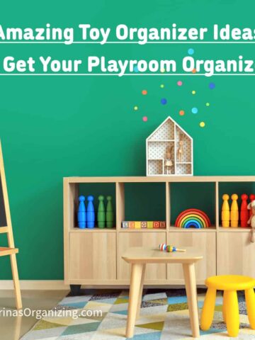 Playroom with a light wood chest with bright color toys on the cubbies and a green background. The title of post is at the top middle. square image