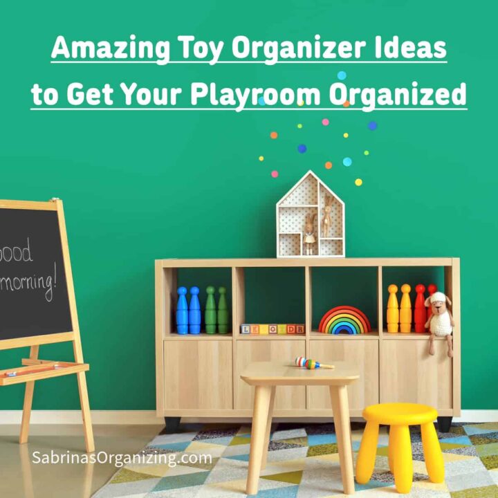Playroom with a light wood chest with bright color toys on the cubbies and a green background. The title of post is at the top middle. square image