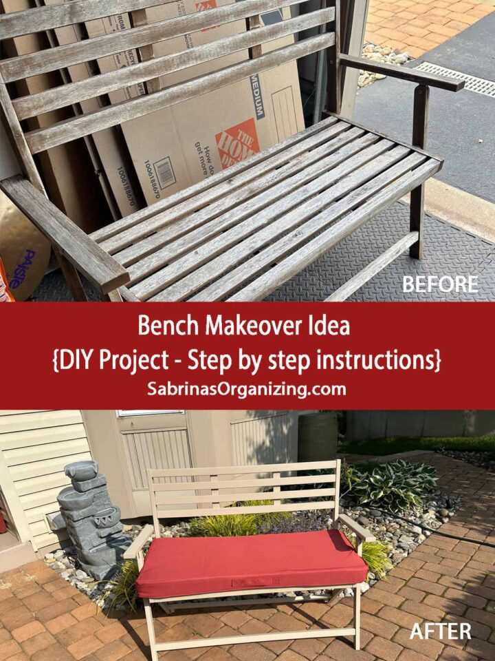 a before and after bench makeover images and the title in the center with a red background banner - pinterest image