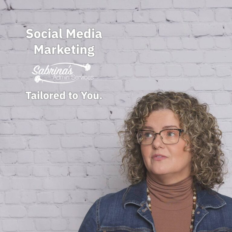 Sabrina looking up at the title of the social media marketing for small business (1-5 employees) - square image