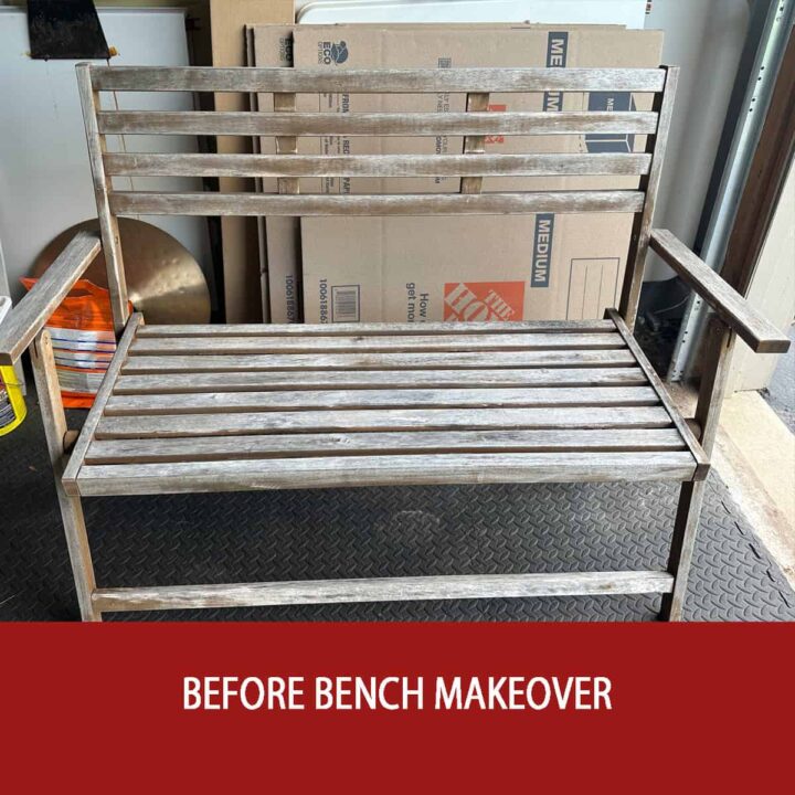 a before image of a shabby bench with the before bench makeover at the bottom in red