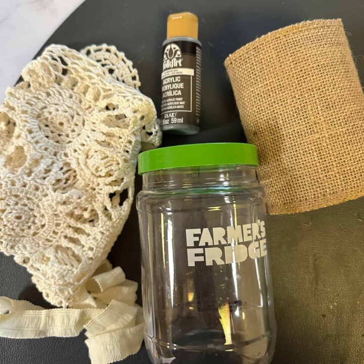 supplies used for the burlap and crochet DIY project
