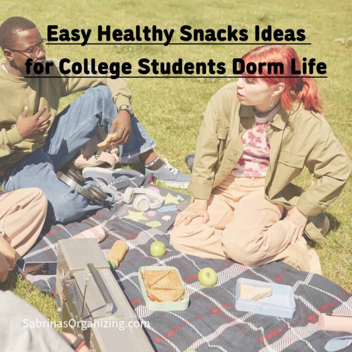 college students male and female eatting on a blanket title at the top center. square image