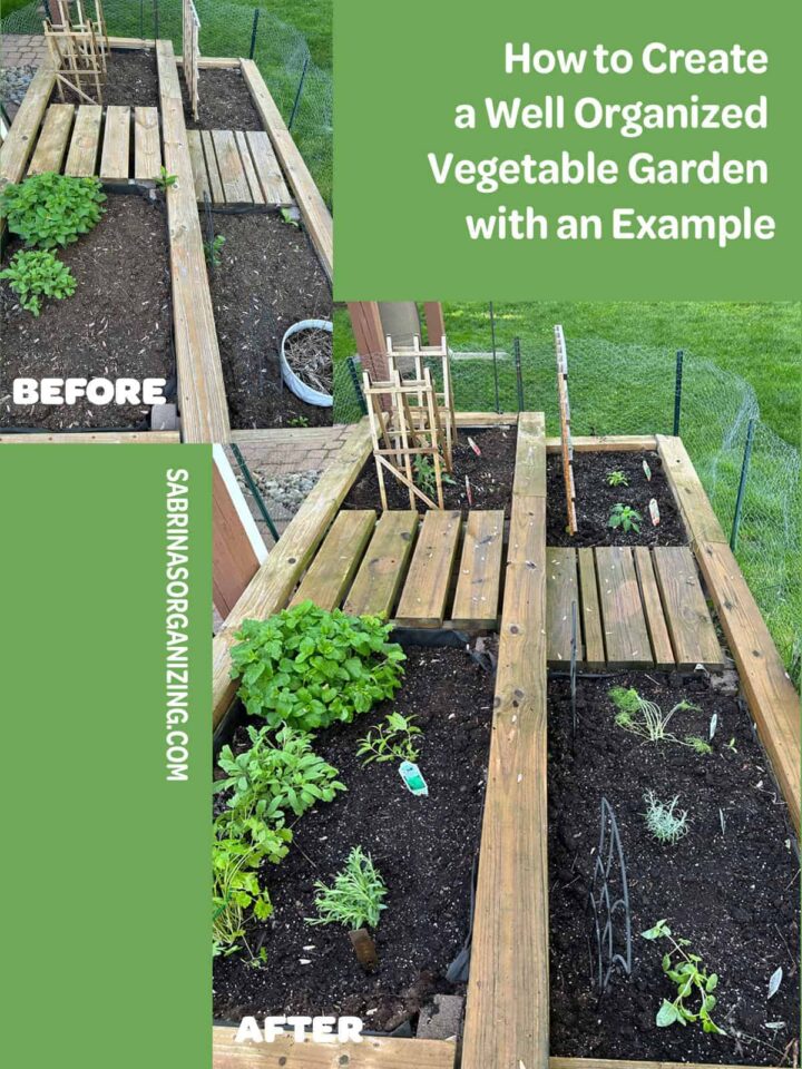 Before and after pinterest size image of the gardens. Title is at the top right.
