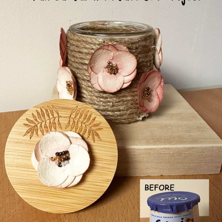 Finished jute oui jar with lid and flowers on it. Before image at the bottom right. pinterest image size