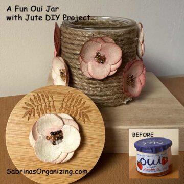 Finished jute oui jar with lid and flowers on it. Before image at the bottom right. square image