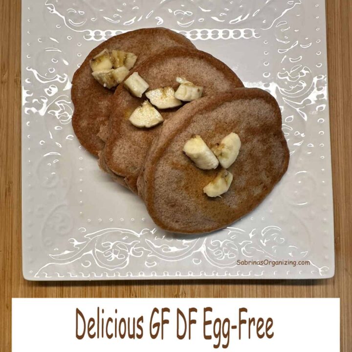 pinterest image - banana pancake on a plate - with title at the bottom