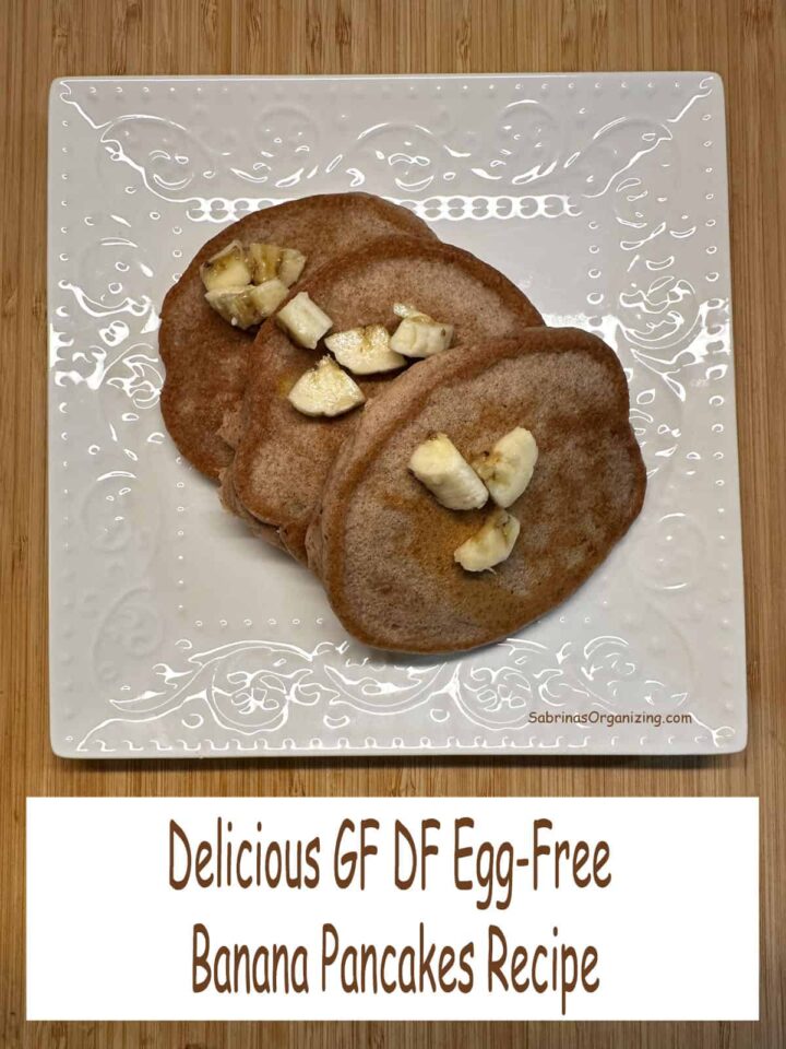 pinterest image - banana pancake on a plate - with title at the bottom