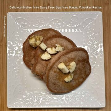 square image - banana pancake on a plate - with title at the top