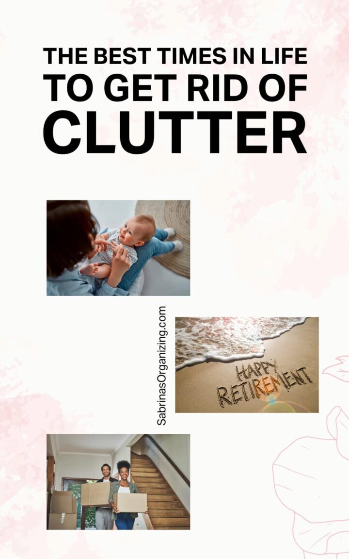 Pictures of a new born baby, a beach happy retirement image, and a man and woman moving - title of post is at the top center - pinterest image