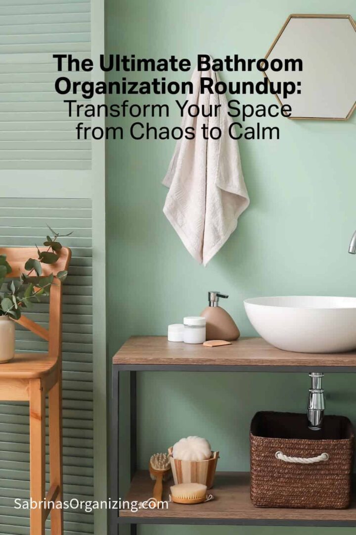 green wall with sink and bins under sink, chair on left side, title of post at the top center and pinterest size image