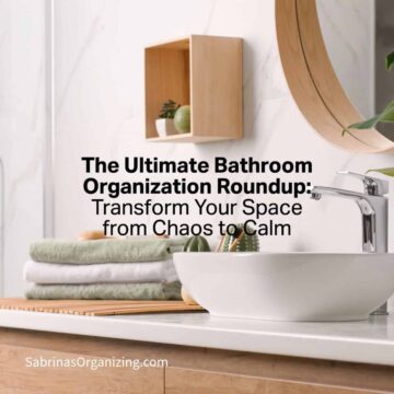 Bathroom sink with white counter and title of post in the center - square image