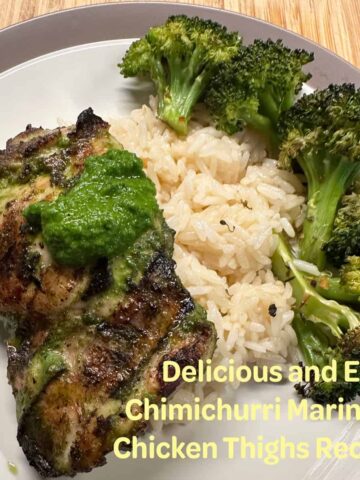 chicken thigh rice and broccoli on a plate title at the bottom right