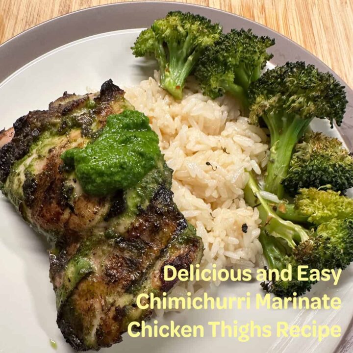 chicken thigh rice and broccoli on a plate title at the bottom right