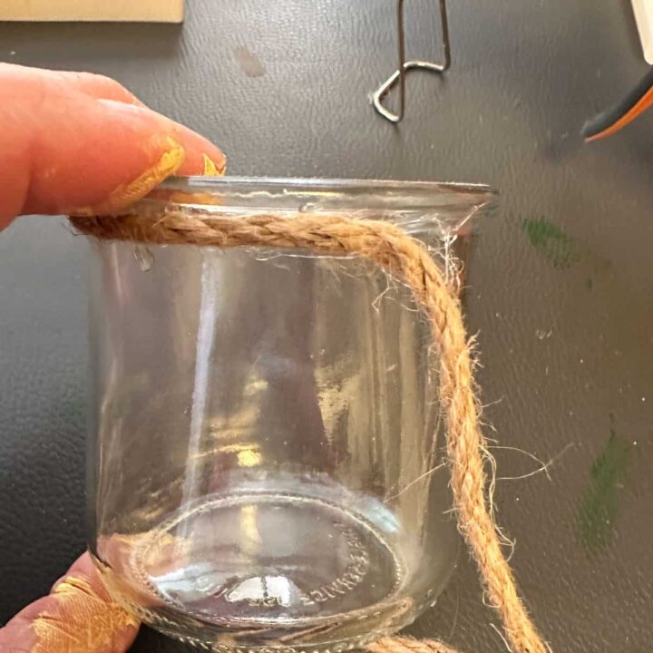 Start adding the jute with glue gun to oui jar - square image