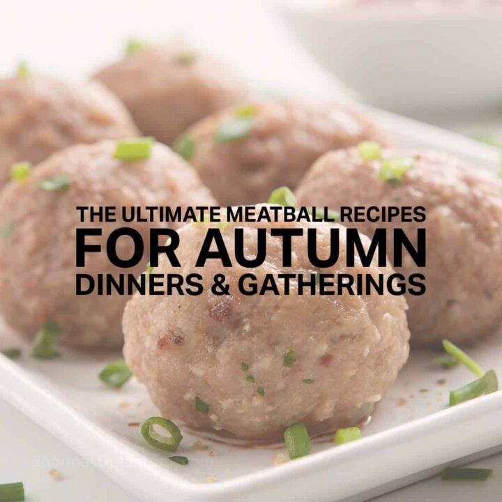 meatballs on a plate - title in the center - square image
