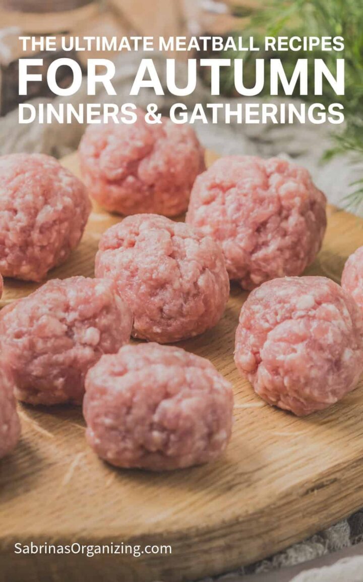 meatballs on a cutting board. title of post at the top center. pinterest sized image.