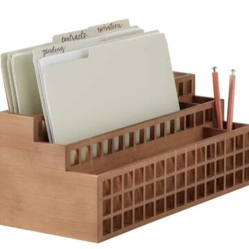 bamboo desk organizer in brown from the container store - square image - with papers in it.