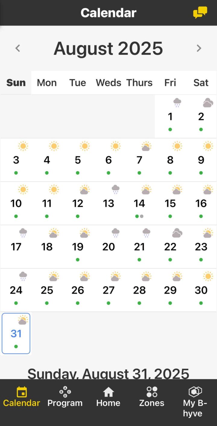an orbit app page that shows the calendar of the water coming in my area