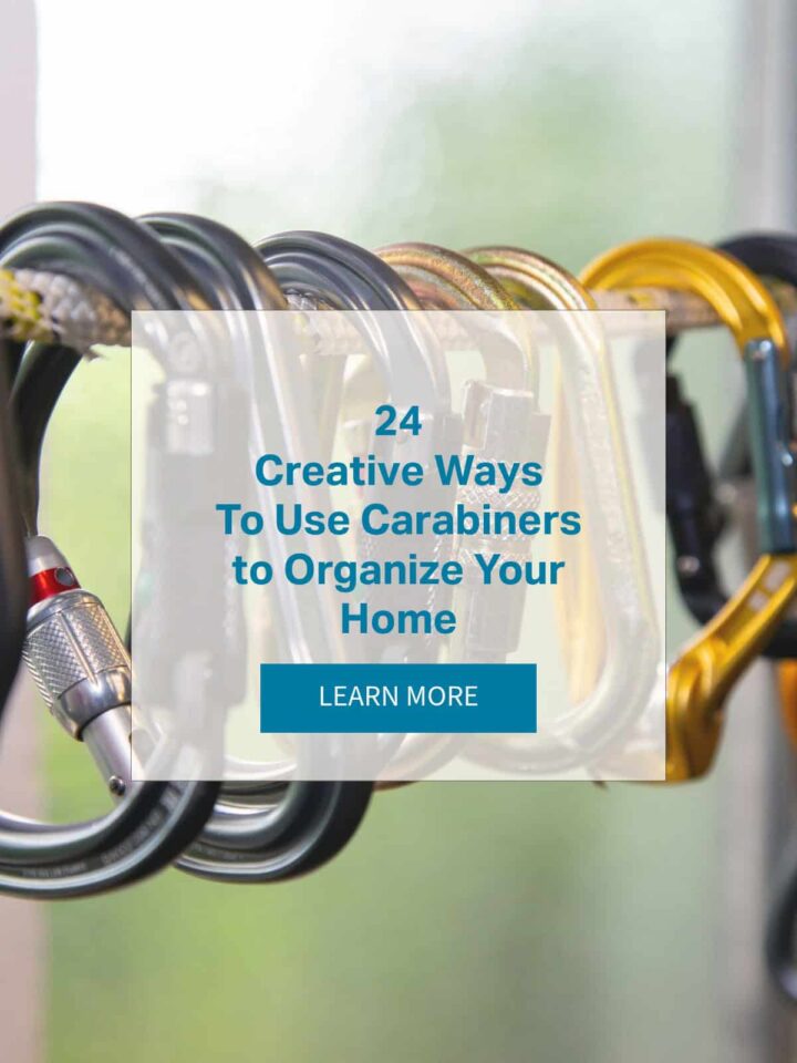 title of post in center in a rectangular box with a learn more button - carabiner in the background -pinterest image