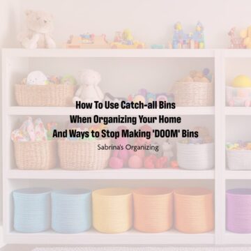 Square image, a cubby system with bins in it and the title at the center.