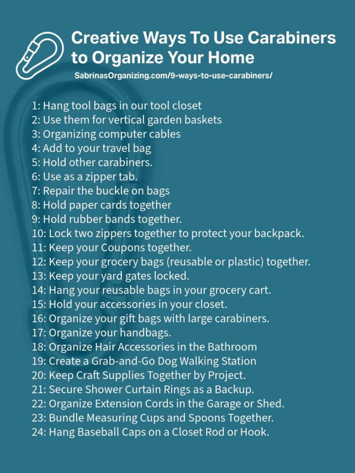 Creative Ways To Use Carabiners to Organize Your Home list title at the top - list of all 24 carabiner uses from the post - pinterest image