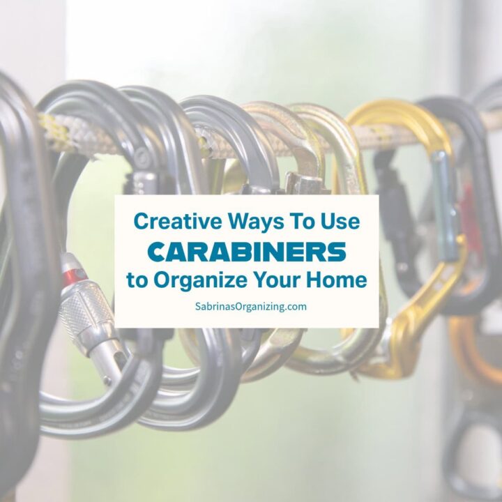 title of post in center in a rectangular box - carabiner in the background -square image