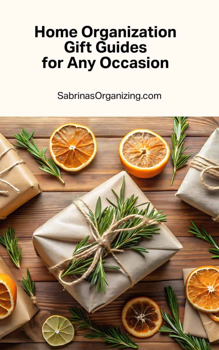 home organization gift guides for any occasion is at the top center then an image of a gift box with rope ribbon and rosemary - and dried oranges around the presents - pinterest image
