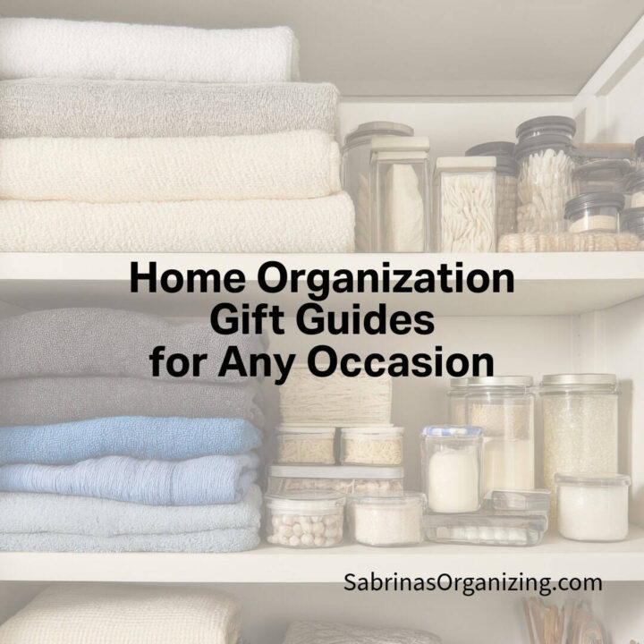Title is in the center - square image - linen closet organized with towels and supplies on the shelves. 