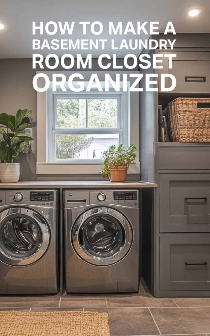 a washer dryer area in the basement - pinterest image - title of post at the top center