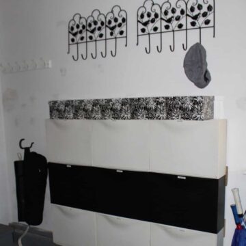 Shoe organization cabinet bins from Ikea and hooks on the wall for hats and boxes on top of the shoe bins.
