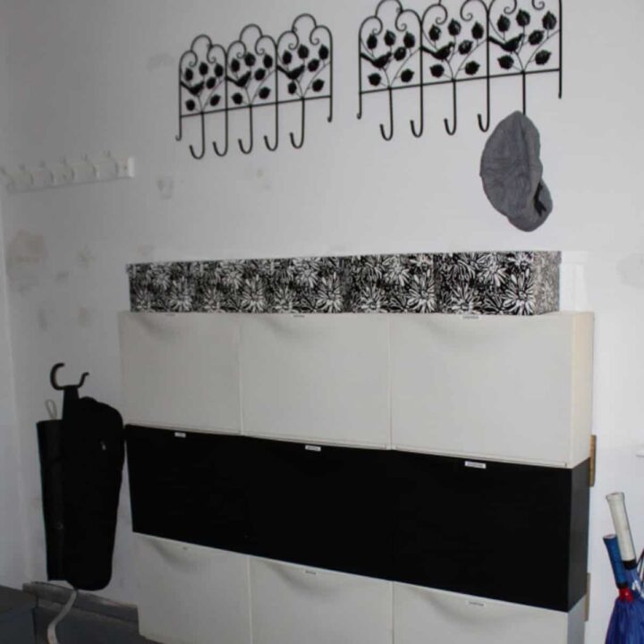 Shoe organization cabinet bins from Ikea and hooks on the wall for hats and boxes on top of the shoe bins.